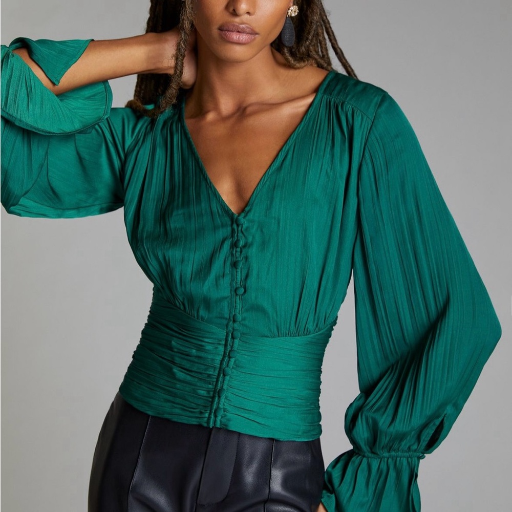 Anthro Green Silky Puff Sleeve Blouse